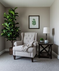Cozy Living Room Corner with Chair, Plant, and Table Decor