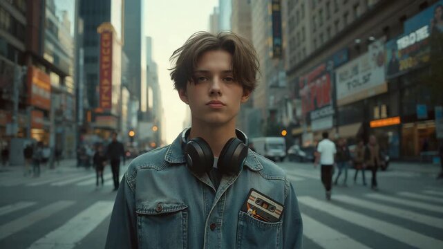 Stepping into crosswalk, teen boy pausing, gazing into lens on street, with headphones and cassette