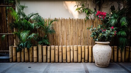 Decorative bamboo fence with tropical plants and a ceramic pot.