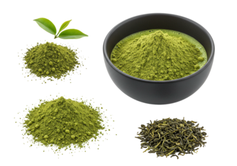 Matcha green tea powder preparation still life on transparent background