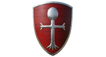Isolated medieval shield emblem, red and silver knightly heraldry design, arms illustration