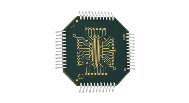 Isolated semiconductor chip microelectronics circuit board microchip electronic component, no background
