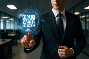Businessman scanning or touching glowing digital qr code for authentication or verification concept in modern office environment