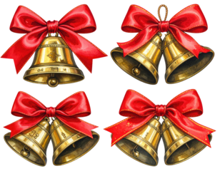 Four gold Christmas bells, each with a red ribbon bow (2)