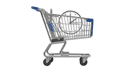 Isolated shopping cart with analog clock inside representing time savings, online commerce