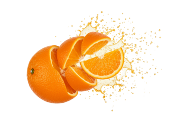 Orange fruit slices with juice splash on transparent background