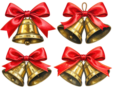 Four gold Christmas bells, each with a red ribbon bow (2)
