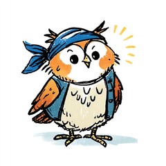 Obraz premium A dapper owl, in a blue bandana and vest, stands proudly. A joyful, whimsical illustration of avian adventure.