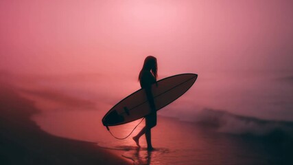 Dreamy silhouette of surfer by shore in ethereal pink hues. Foggy atmosphere, mystique tranquil beach vibe. Person holds surfboard, ready to embrace waves. Adventure of surfing, coastal lifestyle.