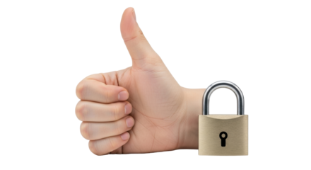 Isolated hand giving thumbs up, next to a padlock, illustrating security approval concept