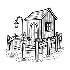 A charming wooden hut on a circular pier over the water with a lamppost.