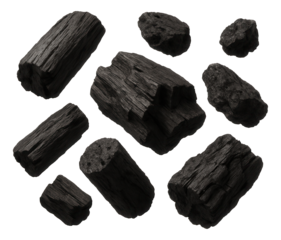 Natural black charcoal pieces on white background.