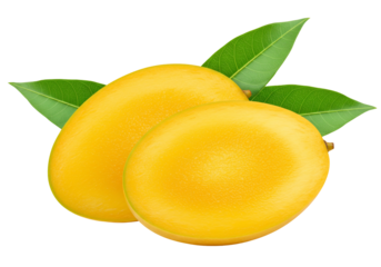 Pair of mango fruits with green leaves isolated on transparent background still life food photography