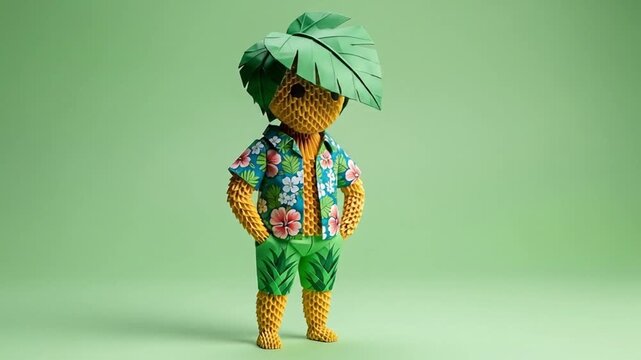 Whimsical pineapple character in tropical floral shirt and leaf hat on green studio backdrop.