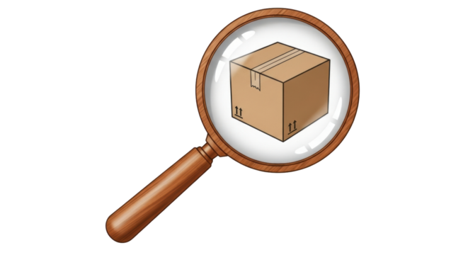 Isolated Cardboard Box Under Magnifying Glass Examination, Delivery Security Inspection
