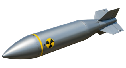 Isolated, metallic gray nuclear bomb with yellow radiation symbol and fins ready to launch
