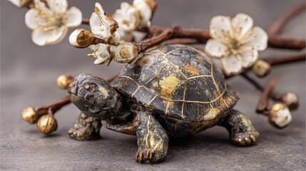 Ornate turtle figurine with delicate cherry blossom branches.