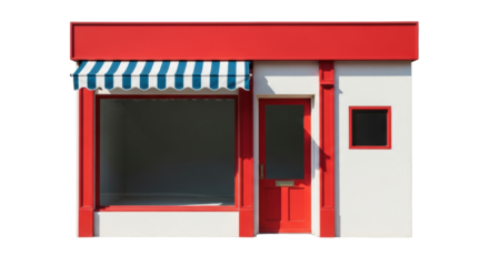 Isolated storefront facade with red trim and striped awning against clean backdrop