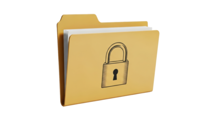 Isolated yellow file folder with a padlock symbol for protection and security on front