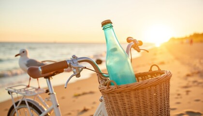 Glass bottle in a bicycle basket on sandy beach at sunset