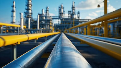 Low-angle view of industrial pipes converging towards an oil refinery under a sunny sky