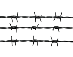 Three parallel rows of barbed wire against a black background