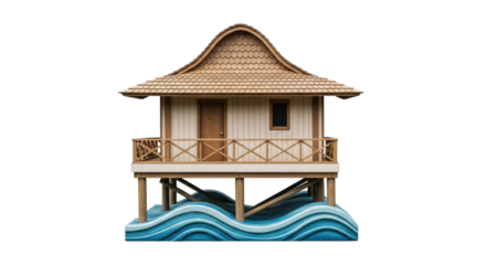 Isolated vacation hut built over rippling ocean water, summer shelter for the tropics