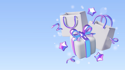 Holiday shopping background with 3d birthday present, gift bags and flying party confetti. iridescent holographic shining Christmas present on blue background. Vector illustration. 
