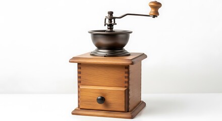 Vintage wooden manual coffee grinder with metal hopper and drawer, isolated on white background