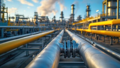 A complex industrial plant with numerous pipes, structures, and smoke stacks, in a clear sky