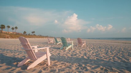 Sunlight bathing six Adirondack chairs in sandy beach amid palm trees, evoking calm seaside mood - Powered by Adobe