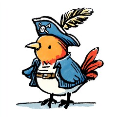 A whimsical pirate bird in a blue coat and hat with a feathered plume