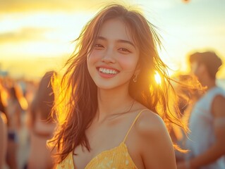 Radiant portrait of a young woman smiling brightly, back-lit by a golden sunset on a crowded beach