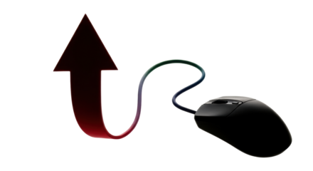 Isolated computer mouse connected to upward pointing arrow indicating progress or growth
