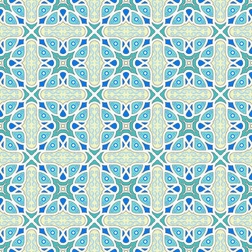 Geometric Ornamental Tile Blue, Teal, and Cream Repeatable Motif