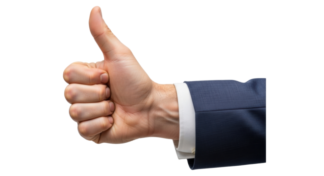 Isolated hand giving a thumbs up, wearing a suit jacket shows positive sign language success