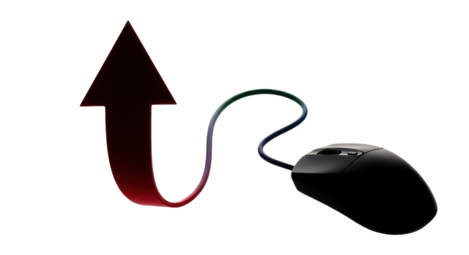 Isolated computer mouse connected to upward pointing arrow indicating progress or growth