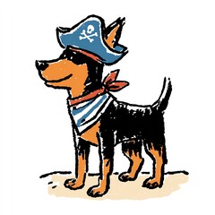 A charming canine pirate, adorned in a blue hat and striped bandana, stands proudly on a sandy shore