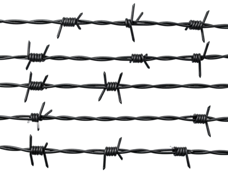 Several rows of dark barbed wire against a black background