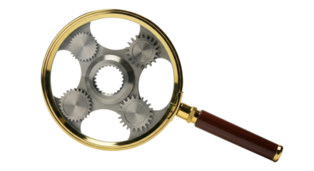 Isolated Vintage Magnifying Glass Displaying Gears, Close-up View Reveals Mechanical Precision