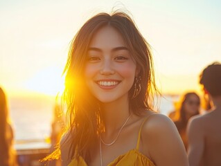 A vibrant portrait of a smiling young woman at sunset with a radiant glow