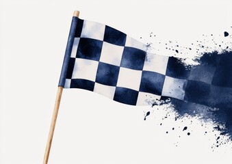 Watercolor Racing Flag with Blue and White Checkered Pattern