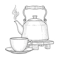 A handdrawn black and white sketch of a steaming hot kettle on a stand with a teacup and saucer.