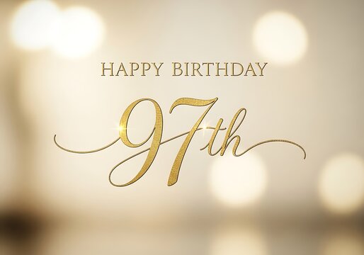 Elegant Happy 97th Birthday greeting in sparkling gold typography with a festive bokeh light background, perfect for milestone celebrations.