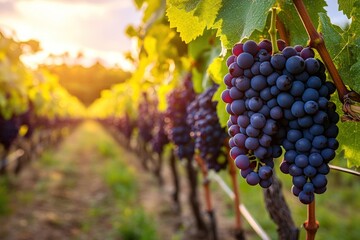 Lush vineyard at sunset, with ripening purple grapes in focus and rows receding to horizon