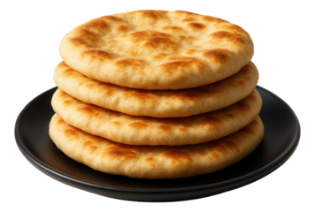Stack of freshly baked flatbreads on a black plate.
