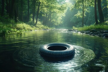 A tire floats in a serene stream surrounded by lush, sun-dappled forest
