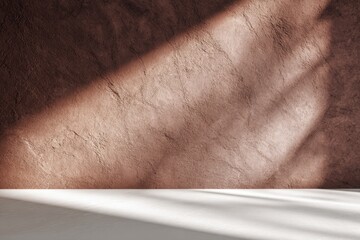 Fototapeta premium Abstract gray silhouette of tree branch. Beige light brown wall background. Transparent blur shade tropical leaves sunlight. Closeup of plant shadow motion. Natural light bokeh. Trend Overlay effect