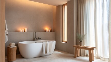 Fototapeta premium scandi rustic bathroom full view, warm clay wall with vertical light niche, freestanding bathtub, oak stool, sheer curtains, cozy glow