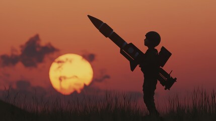 Silhouette of Soldier with Missile Launcher Against Sunset Horizon